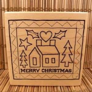 PSX Designs Merry Christmas Quilt Block Rubber Stamp Cabin Cottage G-1430 1995